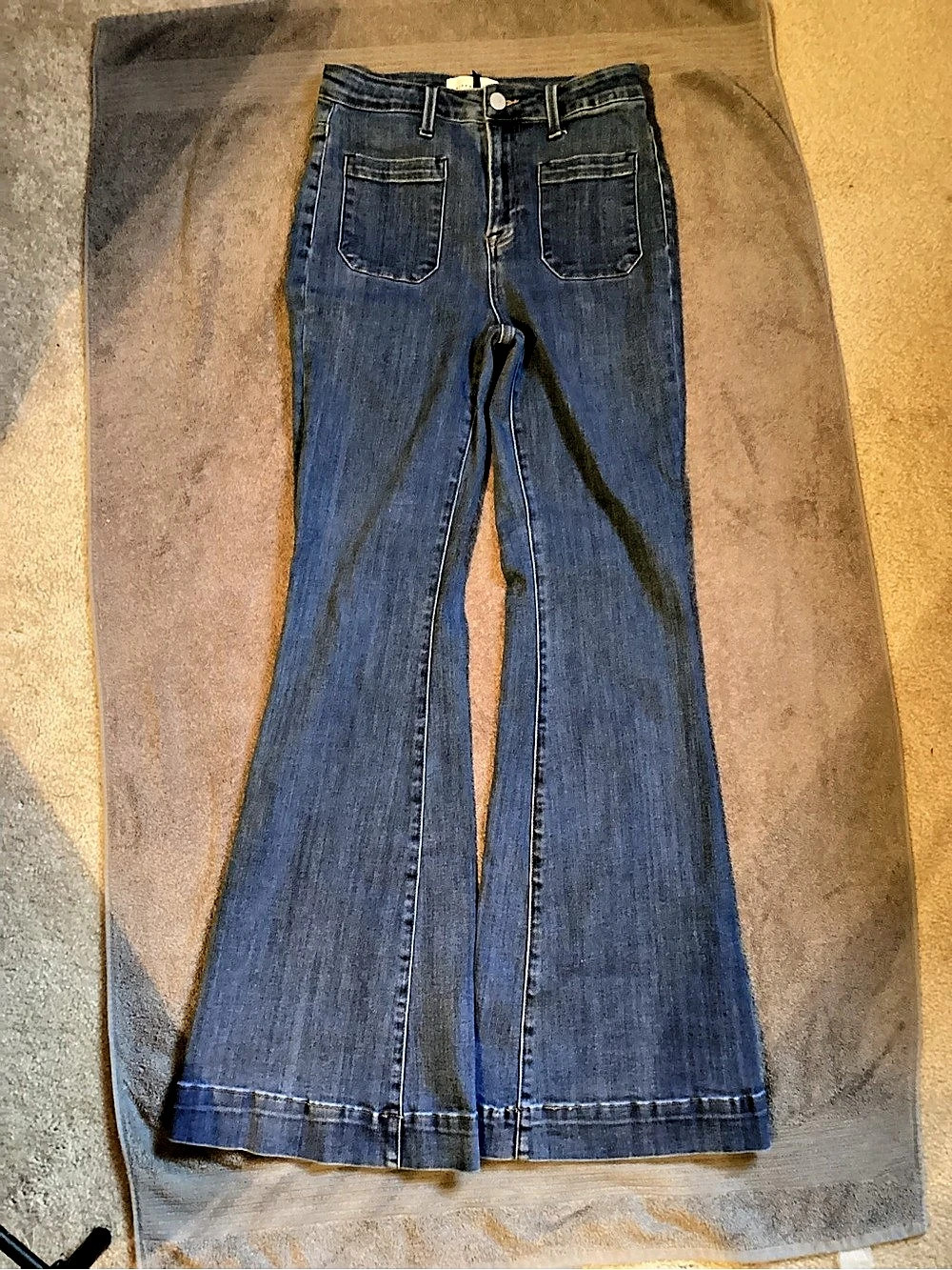 Risen High-Rise Front Patch Pocket Flare Jeans Blue Waist 7/28